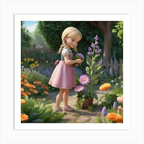 Default Blonde Girl Collecting Flowers From The Garden3d 0 1 Art Print