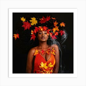 Digital Collage Featuring Autumn Leaves In Hues Of Red Orange And Yellow Entwined With Digital Sm Art Print