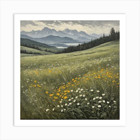 vintage oil painting of wild flowers in a meadow, mountains in the background 7 Art Print