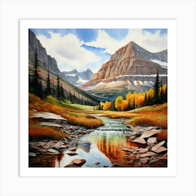 Watercolor Landscape Glacier National Park Earthy Tones Art Print