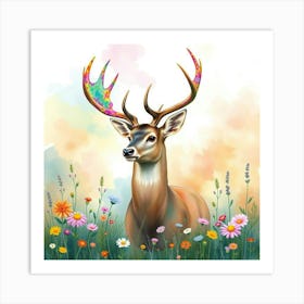 A Deer With Antlers Blooming Into Rainbow Flowers, In A Dreamy Watercolor Meadow Art Print