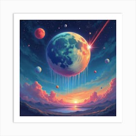 Watercolor Meteors Raining Down On A Colorful Alien Moon With Craters 1 Art Print