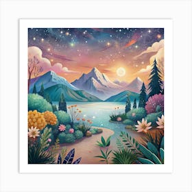 Landscape With Mountains And Flowers 1 Art Print