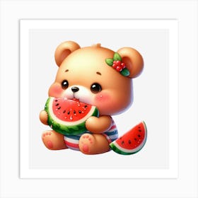 Teddy Bear Eating Watermelon Art Print