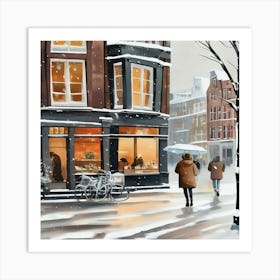 Paris cafes, winter season, Christmas, pale colors, pedestrians in the street, winter clothes, falling snow.3 1 Art Print