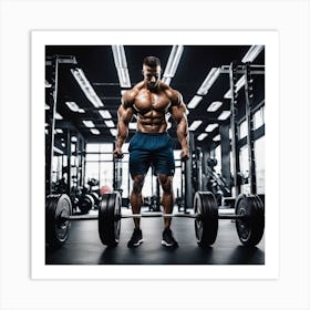 Muscular Man Lifting Weights In The Gym Art Print