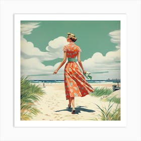 Woman Walking On The Beach Art Print