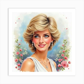 Princess Diana’S Watercolor Portrait With Soft, Swirling Colorful Scenery Art Print