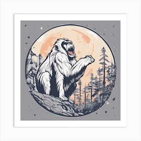 Sticker Art Design, Ape Howling To A Full Moon, Kawaii Illustration, White Background, Flat Colors, (1) Art Print