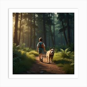 Boy And Dog In The Woods Art Print