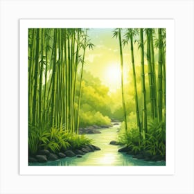 A Stream In A Bamboo Forest At Sun Rise Square Composition 102 Art Print