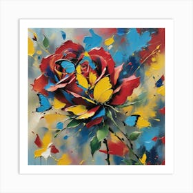 Red Rose With Butterflies Art Print