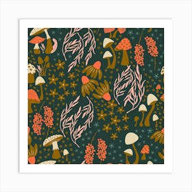 Golden Mushroom Pattern On Green Square Art Print