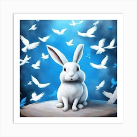 White Rabbit With Birds Art Print