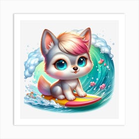 Cute Kitty On Surfboard Art Print