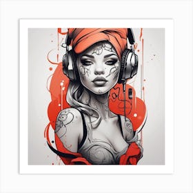 Tattooed Girl With Headphones Art Print