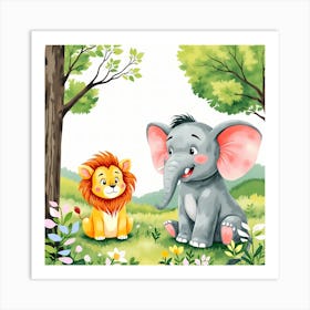 Cartoon Elephant And Lion In The Forest Art Print