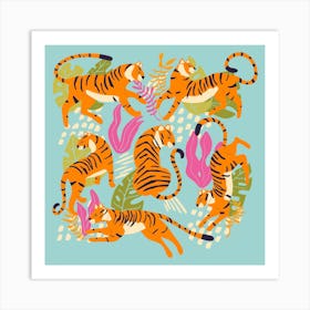 Tigers On Blue With Tropical Leaves Square Art Print