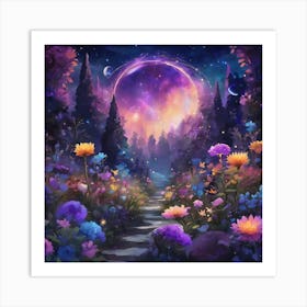 Moon And Flowers Art Print