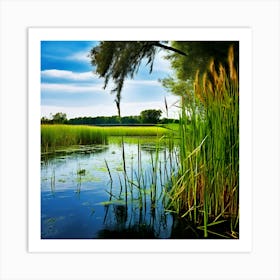 Grass Plant Vegetation Water Reed Calm Cane Season Scene Green Tranquil Background Natur (4) Art Print