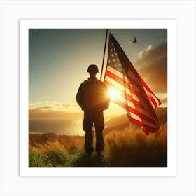 Soldier Holding American Flag At Sunset Art Print