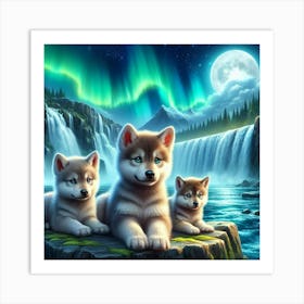 Aurora Borealis wolf pups Art Print