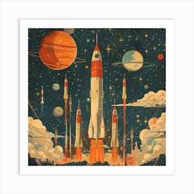 Retro Space Rockets Art Print