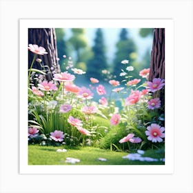 Pink Flowers In The Forest Art Print