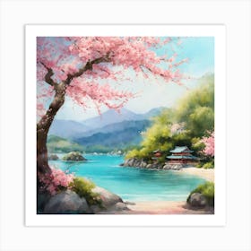 Cherry Blossoms By The Sea Art Print