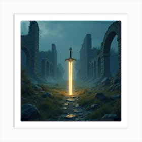 A Glowing Sword Lying In A Field Of Ancient, Magical Ruins 1 Art Print