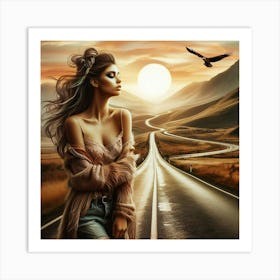 Beautiful Woman On The Road At Sunset Art Print