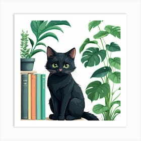 Black Cat On Bookshelf Art Print