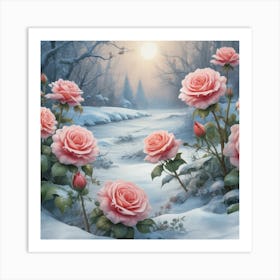 Pink Roses In The Snow Art Print