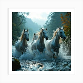 Transparent Quartet Of Water Horses Cresting A Colossal Wave In A Wild Stream Mid Gallop Splash A Art Print