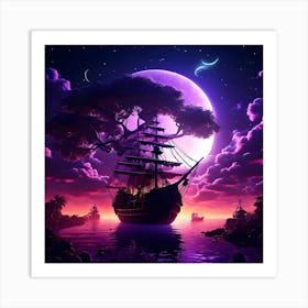 Ship In The Moonlight Art Print