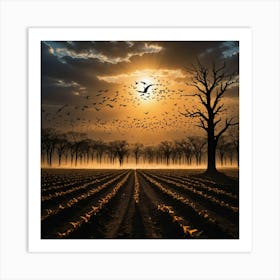 Soaring Birds in Unison Under the Orange Horizon, Their Shadows Long Across the Earth Poster