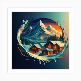 Abstract painting of a mountain village with snow falling 15 Art Print