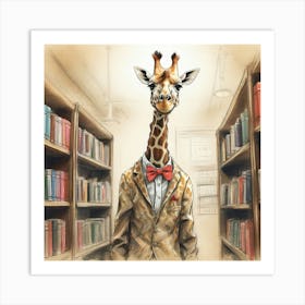 Giraffe In Library 3 Art Print