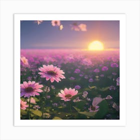 Sunset In A Field Of Flowers Art Print