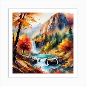 Fall Landscape in beautiful valley with stream, Watercolor Art Print