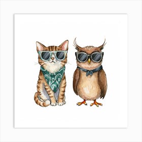 Owl And Cat Art Print