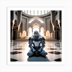 A 3d Dslr Photography Muslim Wearing Futuristic Digital Armor Suit , Praying Towards Masjid Al Haram, House Of God Award Winning Photography From The Year 8045(1) Art Print