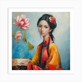 Chinese Girl With Lotus Flower Art Print