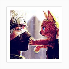 Boy with cat anime art Art Print