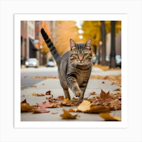 Cat Walking In Autumn Leaves 2 Art Print