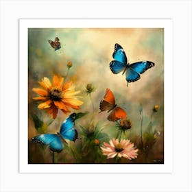 Three Butterflies And Flowers (2) Art Print