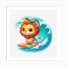 Lion On Surfboard Art Print