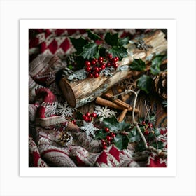 Christmas Background With Holly Art Print