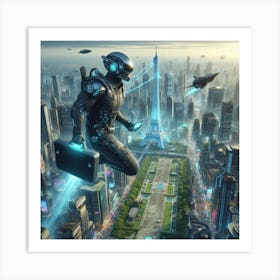 Futuristic Man Flying Over City Art Print