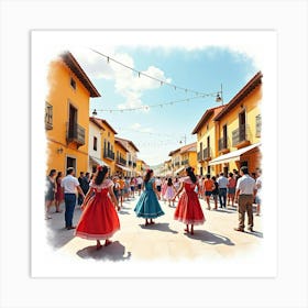 Watercolor Image Of A Traditional Spanish Festival With Vibrant Colors Art Print